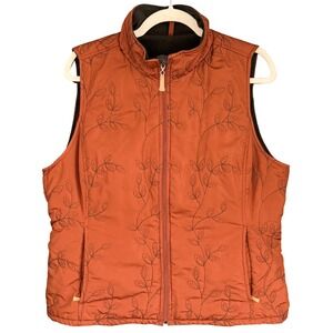 A8 Eddie Bauer Womens Quilted‎ Vest Orange Embroidered Leaf Full Zip Size L